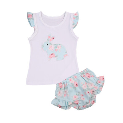 

Baby Children Girls Sets White Bunny Patch Embroidered Floral Flying Sleeve T-ShirtFloral Shorts Pants Two Pieces Sutis