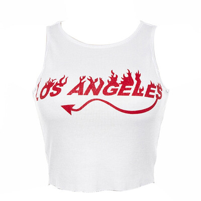 

Women Summer Letter Print Sleeveless Tank O Neck Exposed Navel Short Vest Slim Stretch White Vests