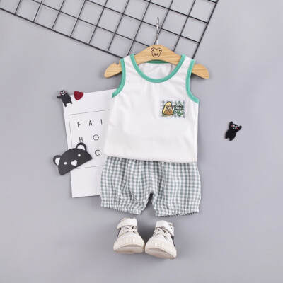 

2PcsSet Summer Children Baby Boys Girls Casual Sleeveless Cartoon Animal Print Vest TopsPlaid Shorts Suits Costume Set