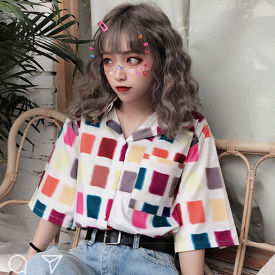 

Retro Short Sleeve Colorful Plaid Print Women Blouses And Tops Turn-down Collar Button Women Blouses Casual Top