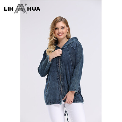 

LIH HUA Fashion Womens Plus Size Casual Denim Jacket stockinet high flexibility Slim Fit Jacket Denim hoodie