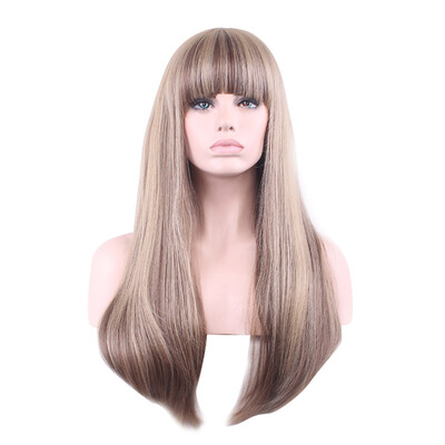

Women Girls Synthetic Wigs with Bangs Blonde Mix Color Long Straight Hair Wig Fiber Heat Resistant