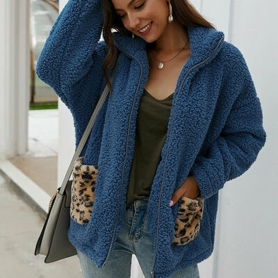 

Womens Warm Teddy Bear Pocket Fluffy Fleece Fur Jacket Coat Oversized Outwear