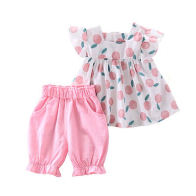 

Summer Baby Girls Flare Sleeve Floral Fruit Print T-shirt Short Set TopsShorts Suits Casual Outfits Sets Cute 2PCS