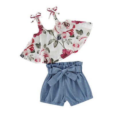 

Baby Girl Clothes Summer Girls Clothing Set Rose Floral Tops T-shirt Casual Denim Shorts Set for Girls Clothes