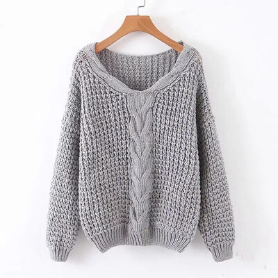

Gobestart Fashion Women Pullover Solid Long Sleeve V-Neck Knitted Sweater Top