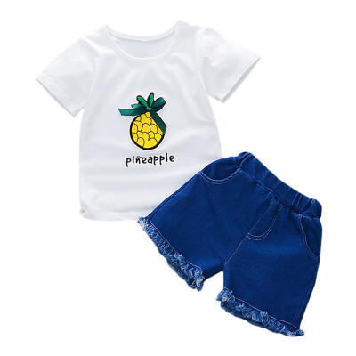 

Summer Baby Girls Clothes Cute Short Sleeve Pineapple Pattern T-shirt TopsDenim Shorts Suits Casual Children Clothing Sets