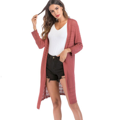 

New European Women Thin Kimono Knitted Cardigan Long Sleeve Loose Hem Long Cardigan Women Open Stitch Outerwear BlackGray -XL