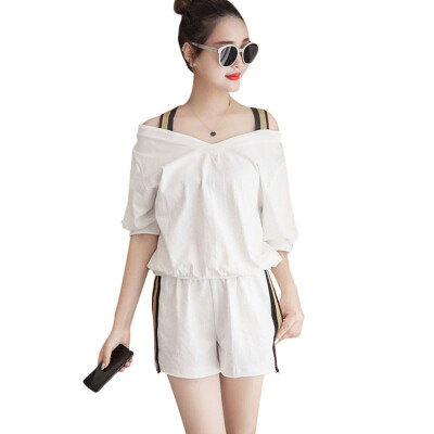 

2 Piece Set Women Fashion Cold Shoulder Top&Strip Side Shorts Set Ladies Short Sleeve Loose Sets Outfits ensemble femme