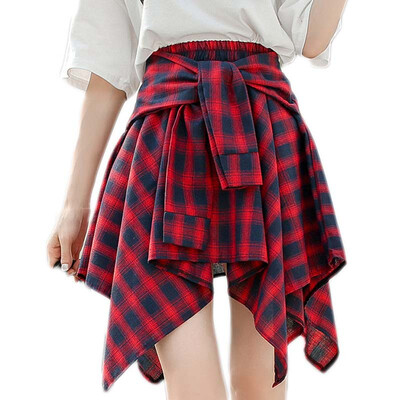 

Irregular Hem Plaid Casual Summer Skirt NewArrivals Sashes High Waist Shirt Skirts Girls Fashion Short Mini Casual Skirts