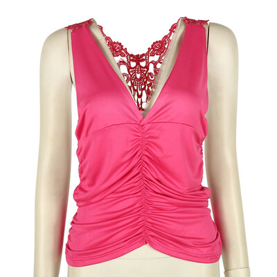 

Plus Size Sexy Women Summer Lace Backless Vest Sleeveless V-neck Pleat Casual Tank Tops Milk Slik Fashion Female Tops 4 Colors