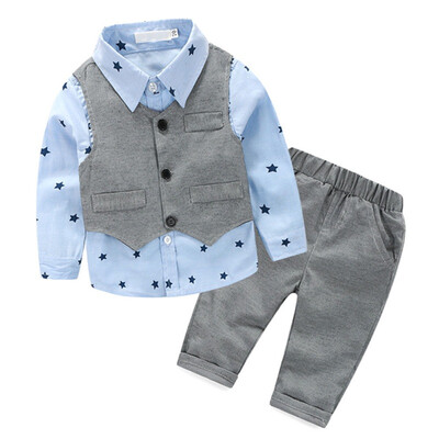 

3 PcsSets Autumn Baby Boy Clothing Set Star Print Shirt Gray Vest Pants Gentleman Children Clothes Set