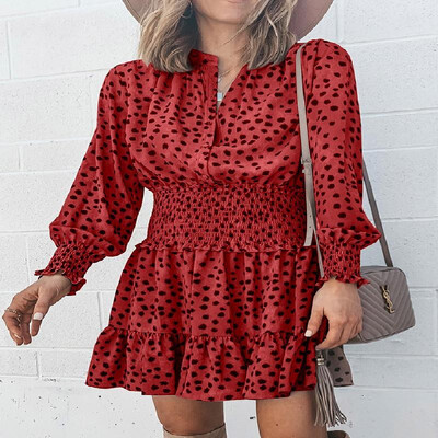 

Contrast Polka Dots Printed Shirr Buttons Long Sleeves Hem Shift Dress