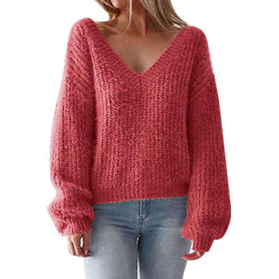 

Women Long Sleeve Loose Sweater Top Girls Female V Neck Back Autumn Blouse