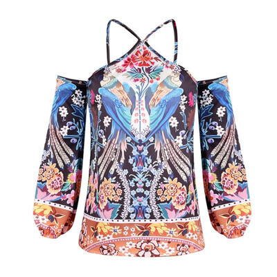 

Fashion Ethnic styleWomen Floral Off-the-shoulder Strap Print Long Lantern Sleeve Halter Neck Cold Shoulder T-Shirt Tops