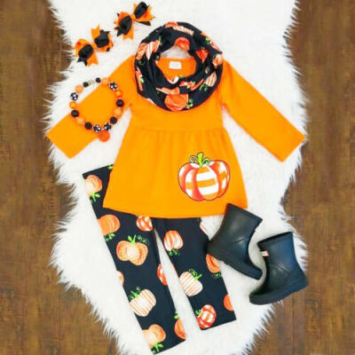 

Child Kids Girl Pumpkin Clothes Dress Top Pants Scarf Halloween Outfit Set 3PCS