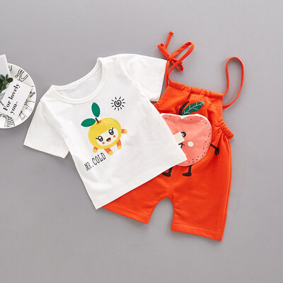 

Children Summer Boys Girls Clothing Set Cartoon Apple Print Short Sleeve Round Collar Casual T-shirtBib Pants