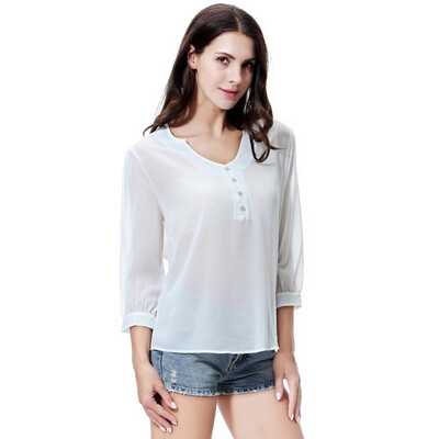 

2XL Loose Button Long Sleeve V Neck Chiffon Blouse Of Large Size Womens Shirts Solid Back Asymmetric Blouse Woman Summer