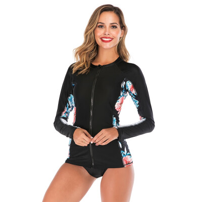 

Women Rash Guard Patchwork Long Sleeve Full Length Zipper Sunshade Two Piece Beach Surfing Diving Bathing Suit Swimsuit Swimwear