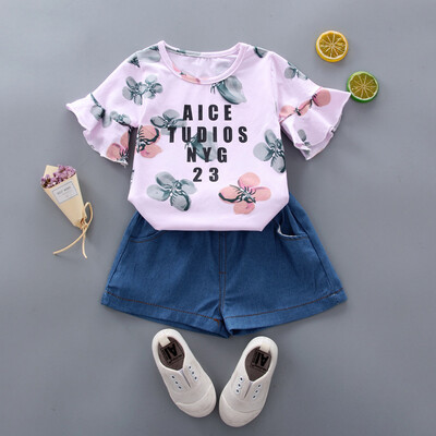 

Baby Girl Clothes Floral Letter Butterfly Short Sleeve Shorts Two-Piece Set Children Clothes