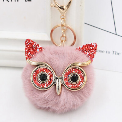 

Women Owl Faux Rabbit Fur Fluffy Key chain Key Ring Pompom Ball Pendant Cute