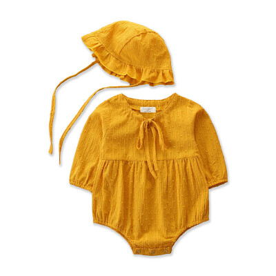 

Newborn Baby Girls clothes Long Sleeve round neck playsuits solid bow Headband 2PCS kids Toddler cotton lovely Outfits