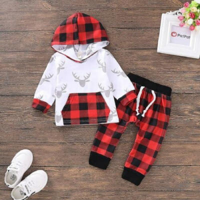 

Christmas Newborn Infant Kid Baby Boy Girl Plaid Clothes Hooded Top Pants Outfit