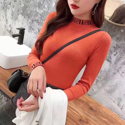 

Sweater Women Spring Autumn Knitted Turtleneck Letter Embroidery Sweaters Knitwear Elasticity Casual Knit Jumper Slim Pullovers
