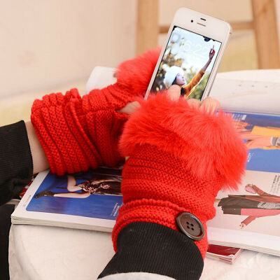 

Women Winter Faux Fur Warm Fingerless Gloves Ladies Fashion Half Finger Mittens