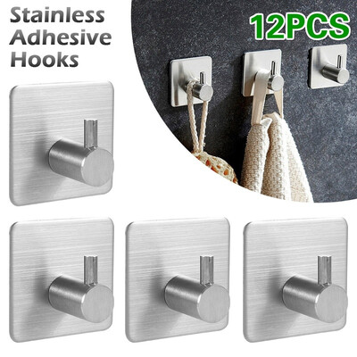 

4 8 12PCS 304 Stainless Steel Hook Plastic Wall Hanging Towel Bathrobe Clothes Adhesive Hooks Without Punching