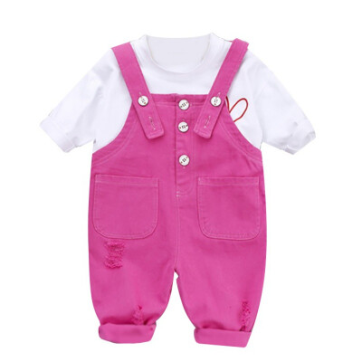 

Autumn Baby Boy Girl Cute Outfits Long Sleeve Heart Print T-shirt BlouseStrap Trousers Casual Sets