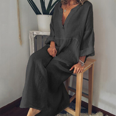 

Casual Women Autumn Dress Loose Solid Button Prairie Chic Femme Pullover Long Sleeve Long Dress