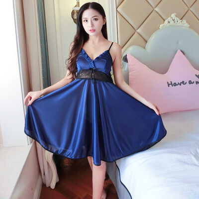 

Women Sexy Summer Sling Nightdress Chemise Lingerie Lace Ice Silk Long Home Clothing