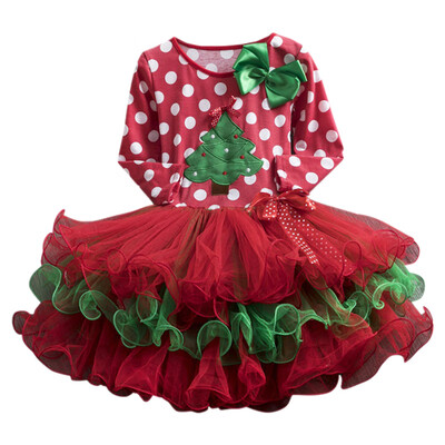 

Autumn Casual Baby Girls Dresses Long Sleeve Christmas Tree Printed Patchwork Mesh Dress Kids Pageant Dresses