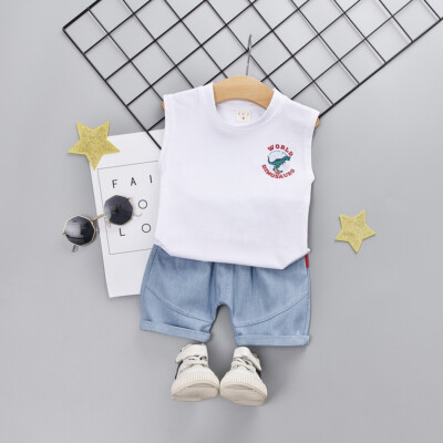 

Summer Baby Boys Casual Sleeveless Dinosaur Print Vest T-shirt TopsDenim Shorts Costume Set