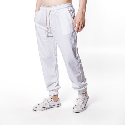 

Gobestart Summer Mens Large Size Wide Leg Pants Linen Solid Color Casual Long Pants