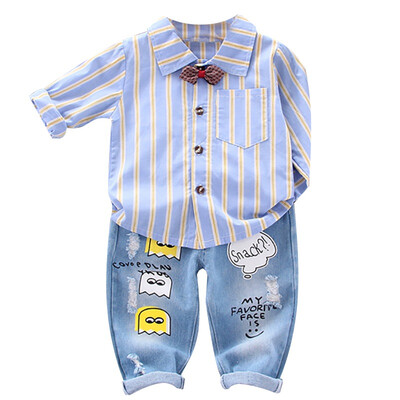 

Baby Boys Clothes Set Autumn Long Sleeve Striped Cat Print Shirt Blouse TopsDenim Pants Children Trouser Set