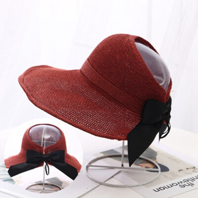 

New Fashion Elegant Summer Female Bow Knitted Wool Straw Empty Hat Outdoor Travel Portable Foldable Sunscreen Beach Sunshade Hat