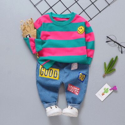 

Autumn Baby Boy Girl 2pcs Sets Striped Print Long Sleeve Sweatshirt Blouse Letters Trousers Casual Outfits Clothes