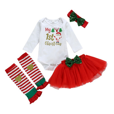 

Christmas Gift Baby Girl Clothes Long-sleeved Rompers Net Yarn Skirt Knee-length With Headband 4PCS Clothes Set