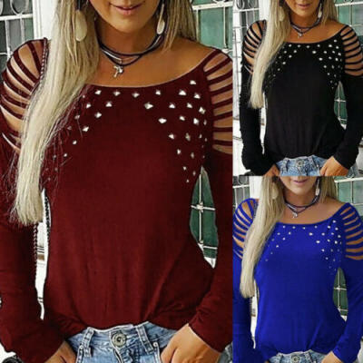 

Women Sequins Cold Shoulder Blouse Tops Ladies Hollow Slim Long Sleeve T-Shirt