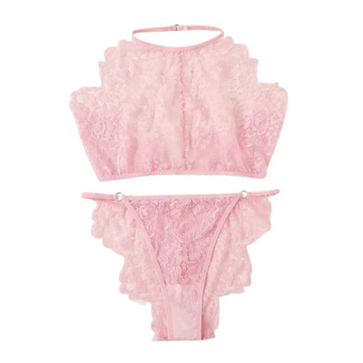 

Eyelash Lace Perspective Underwear Hanging Neck Type Ultra-thin Two-piece Sexy Three-point Suit For Women
