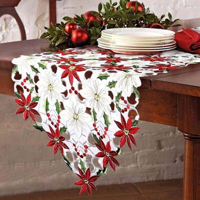 

Christmas Embroidered Table Runner Poinsettia Holly Leaf Table Linens Decoration