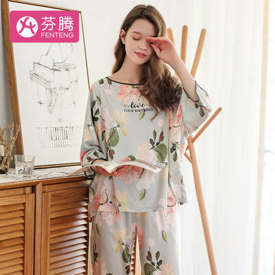 

Fen Teng 2019 spring&summer new elegant printing casual silk long sleeve pajamas ladies home service ladies pajamas J980A11203 light gray green L
