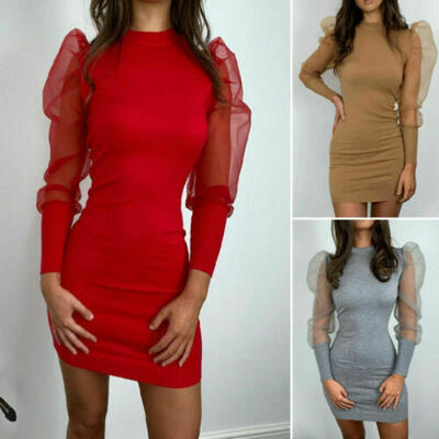 

US Womens Mesh Sheer Puff Sleeve Bodycon Midi Dress Evening Party Slim Fit Dress