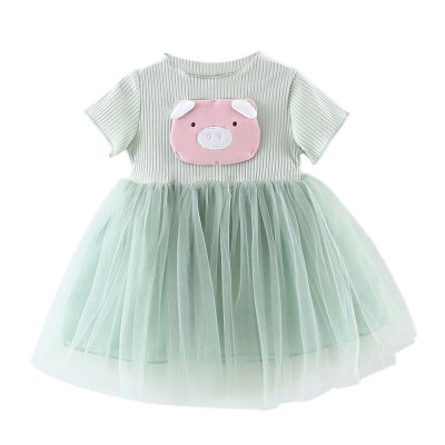 

Summer Casual Baby Girls Cartoon Pig Pattern Short Sleeve Dress Cotton Kids Toddler Mesh Sundress