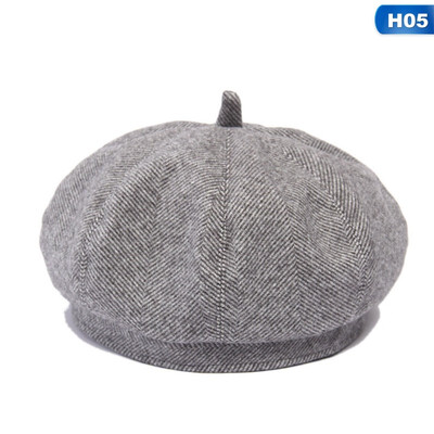 

Simple Women Wool beret For Elegant lady Winter Female Cotton Hats Plaid Vintage Octagonal Casual Cap