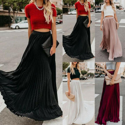 

2019 Women Lady Pleated Elegant Elastic Waist Maxi Skirt Casual Long Swing Dress