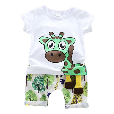 

2Pcsset Children Baby Boys Girls Summer Casual Short Sleeve Animal Giraffe Print T-shirt TopsShorts Suits Costume Set