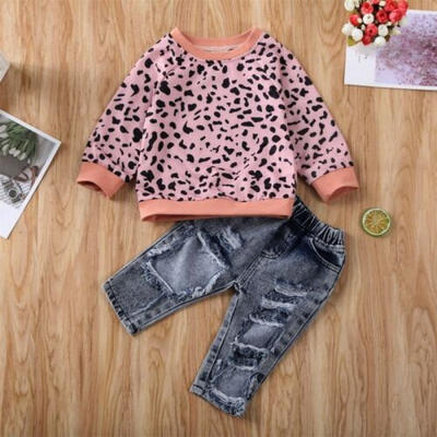 

UK Baby Girls Leopard T-shirt Top & Denim Pants Toddler Kids Outfit Clothes Set